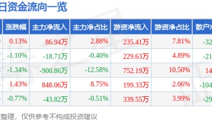 股票行情快报:岳阳兴长(000819)7月3日主力资金净买入86.94万元