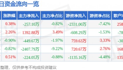 股票行情快报:国光电器(002045)7月25日主力资金净卖出257.10万元
