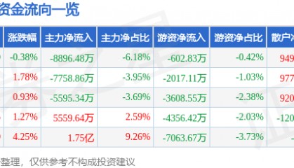 股票行情快报：数据港（603881）8月19日主力资金净卖出8896.48万元