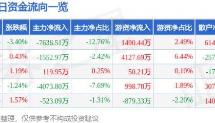 股票行情快报:国光电器(002045)6月13日主力资金净卖出7636.51万元