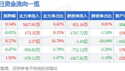股票行情快报:江海股份(002484)7月1日主力资金净买入3417.01万元