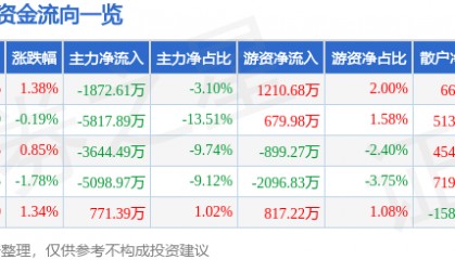 股票行情快报:数据港(603881)8月6日主力资金净卖出1872.61万元