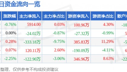 股票行情快报:岳阳兴长(000819)5月28日主力资金净买入5914.00元