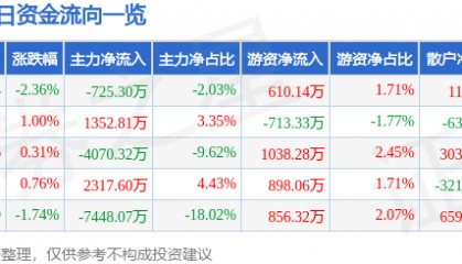 股票行情快报:国光电器(002045)7月2日主力资金净卖出725.30万元