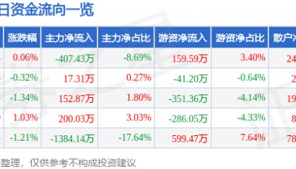股票行情快报:岳阳兴长(000819)6月17日主力资金净卖出407.43万元