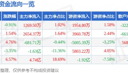 股票行情快报:数据港(603881)7月10日主力资金净买入1269.50万元