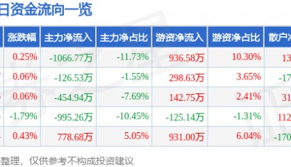 股票行情快报:岳阳兴长(000819)8月5日主力资金净卖出1066.77万元