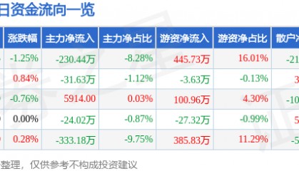 股票行情快报:岳阳兴长(000819)5月30日主力资金净卖出230.44万元