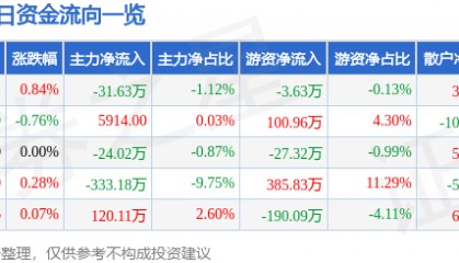 股票行情快报:岳阳兴长(000819)5月29日主力资金净卖出31.63万元