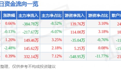 股票行情快报：郴电国际（600969）8月5日主力资金净卖出384.78万元