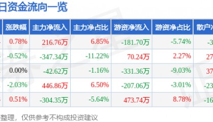 股票行情快报:杭州解百(600814)8月5日主力资金净买入216.76万元