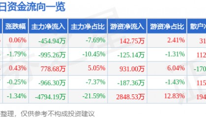 股票行情快报:岳阳兴长(000819)8月1日主力资金净卖出454.94万元