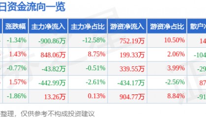 股票行情快报:岳阳兴长(000819)7月1日主力资金净卖出900.86万元