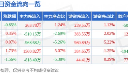 股票行情快报:大恒科技(600288)10月14日主力资金净买入263.78万元