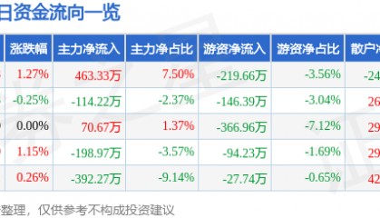 股票行情快报：杭州解百（600814）7月24日主力资金净买入463.33万元