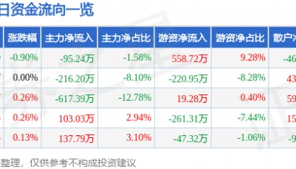 股票行情快报:杭州解百(600814)7月15日主力资金净卖出95.24万元
