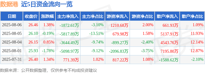 股票行情快报：数据港（603881）8月6日主力资金净卖出1872.61万元